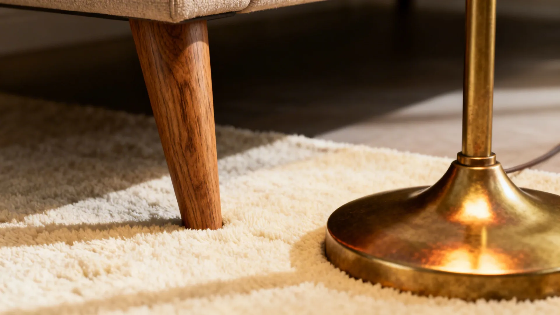Tapered wood sofa leg and brass lamp base on a cream rug