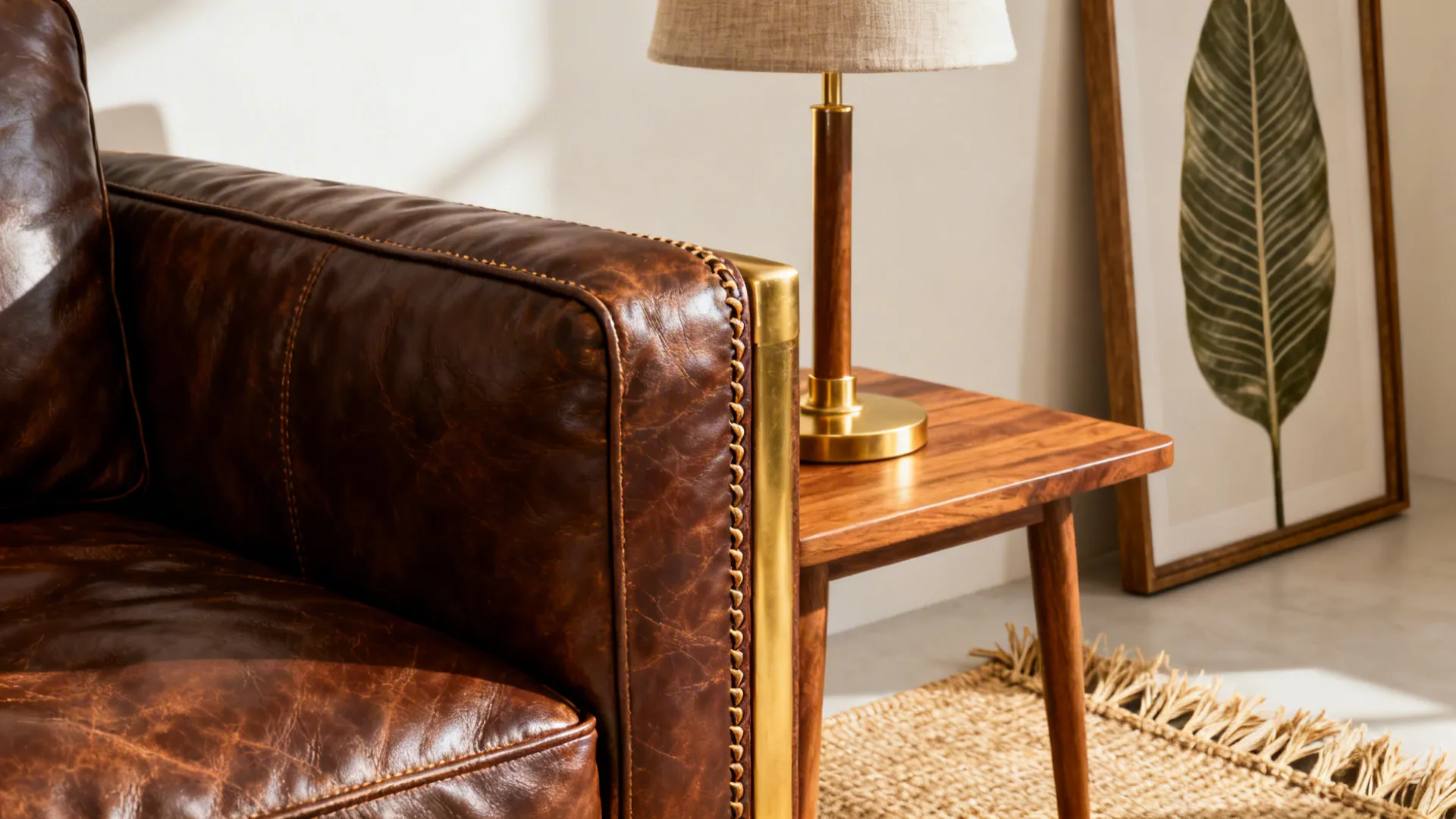 Close-up of deep brown leather grain with brass lamp and oak table in warm modern living room
