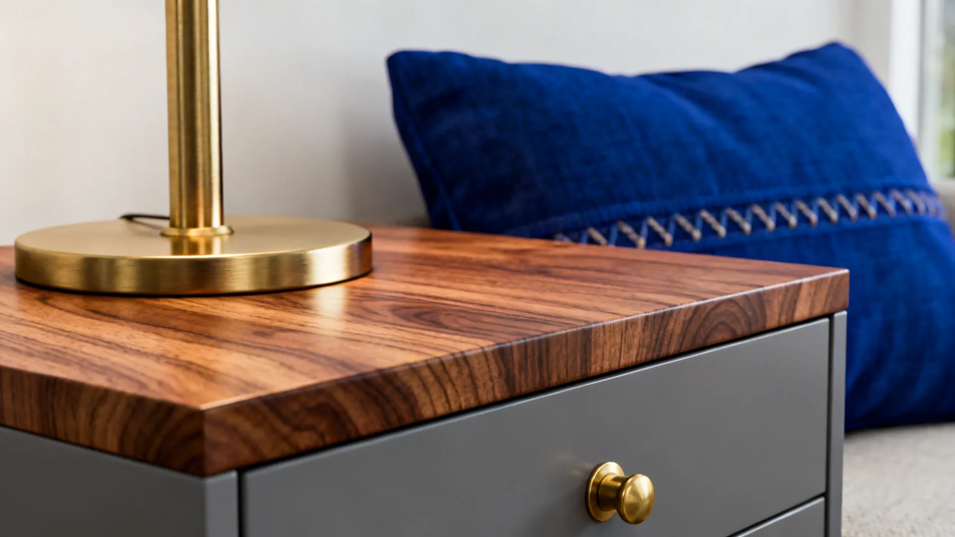Warm walnut table edge with brushed brass lamp and hardware near a royal blue cushion.
