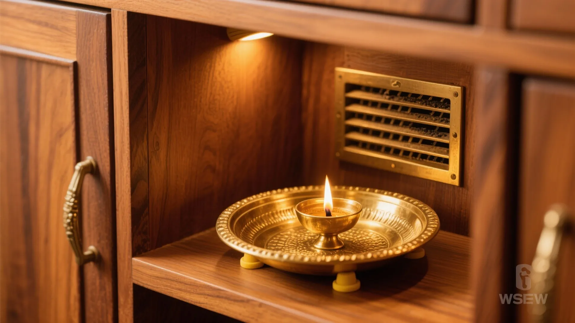 Warm wood and brass with a safe diya station