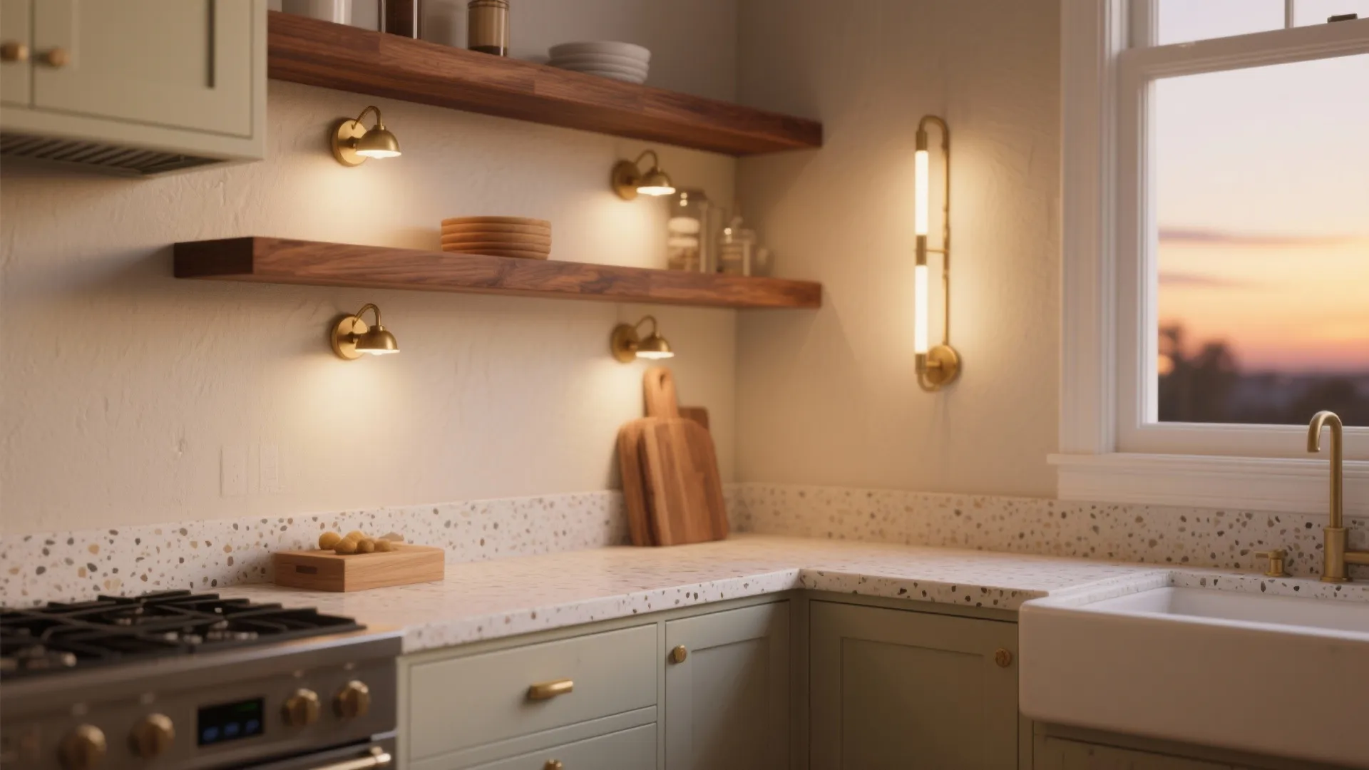Green kitchen cabinets with speckled countertop wooden shelves brass wall lights and sunset view window