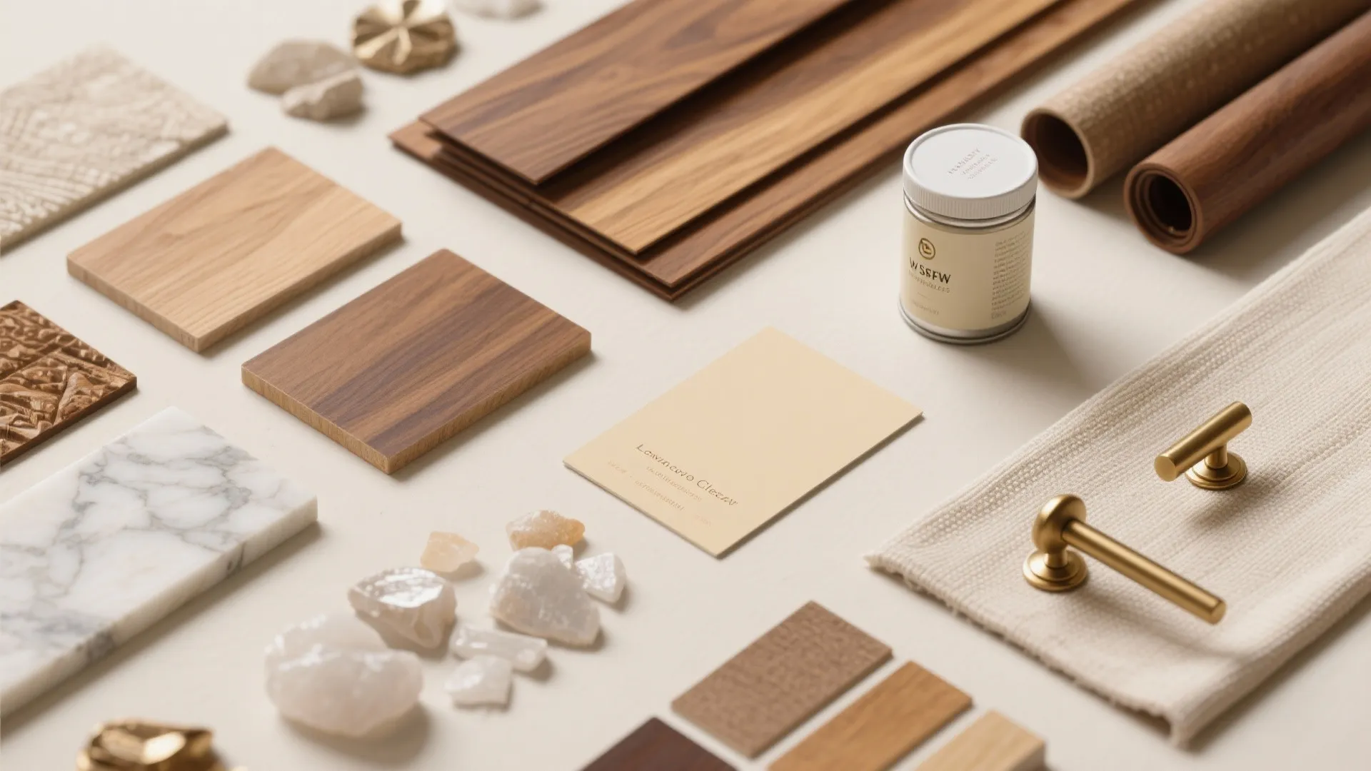 Flatlay of teak veneer, brass hardware, linen laminate, marble and quartz sample chips