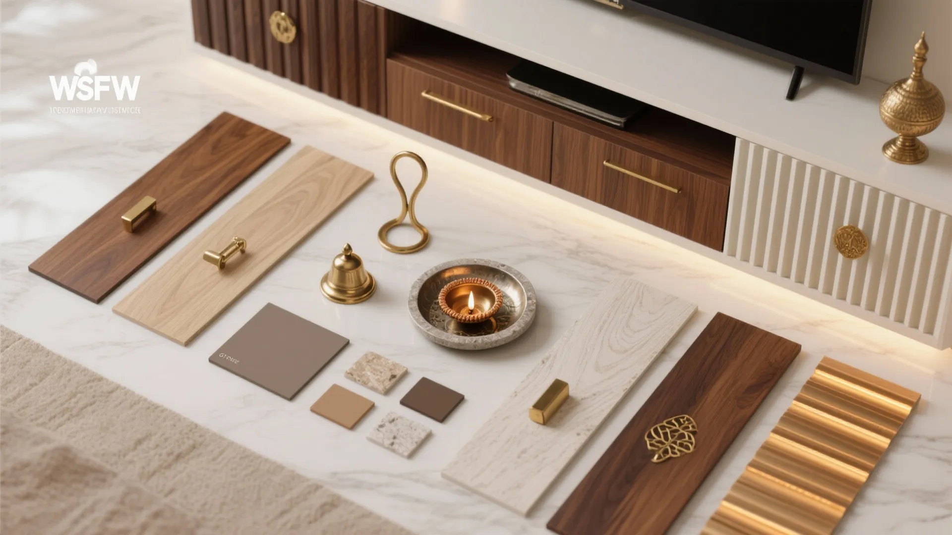 Warm wood and brass accents for a serene focal point