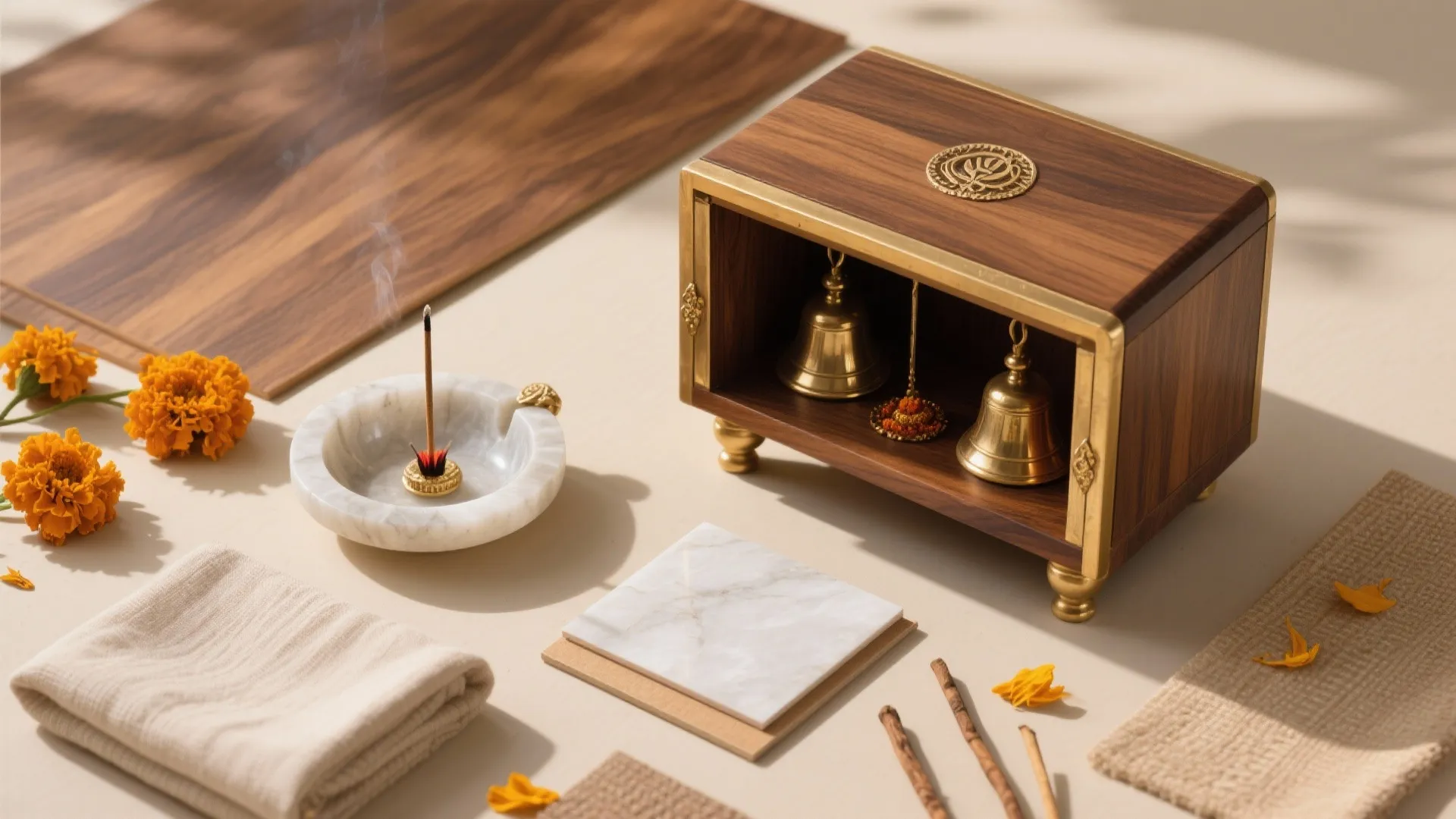 Wooden box with brass bells placed on table with marble incense holder and orange flowers
