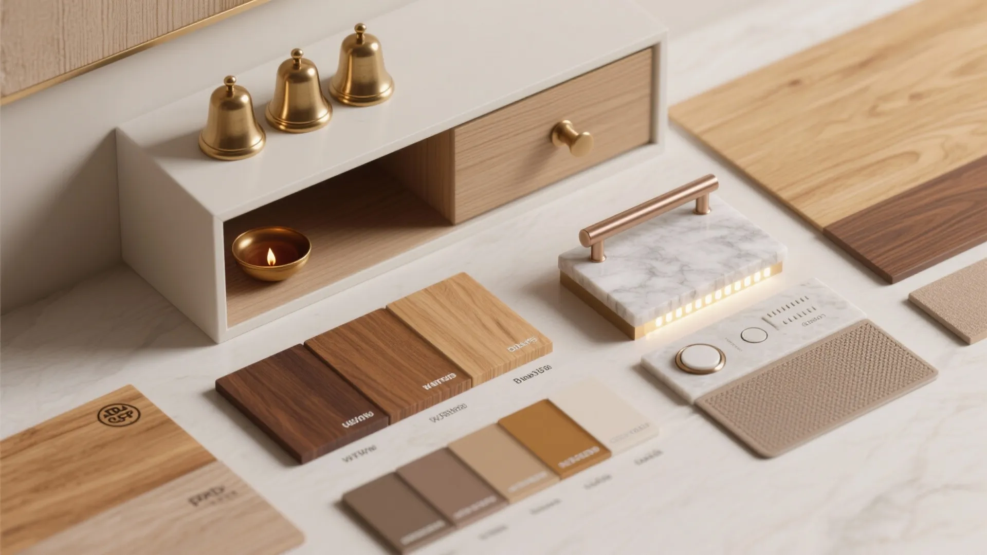 Material board featuring various wood samples marble block brass handle gold bells and white drawer unit