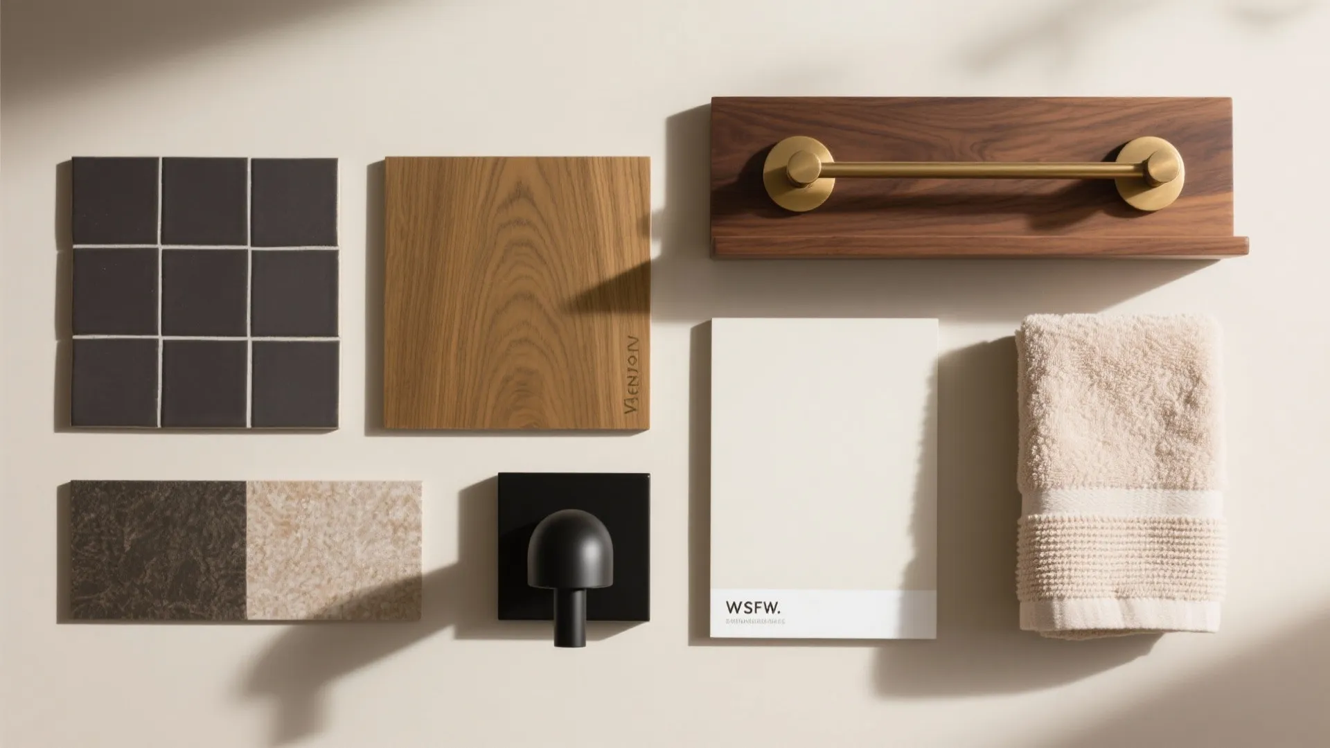 Interior design material board with wood samples black tiles brass towel bar and white swatch