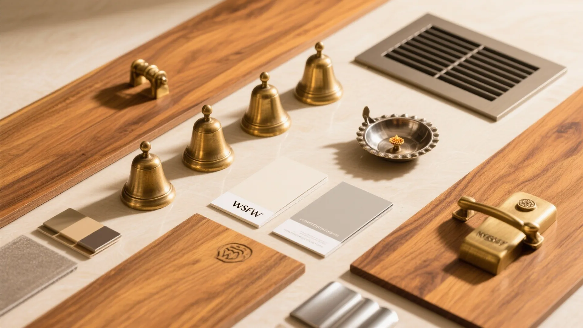 Interior design material board with wood planks brass bells color cards metal vent and hardware samples