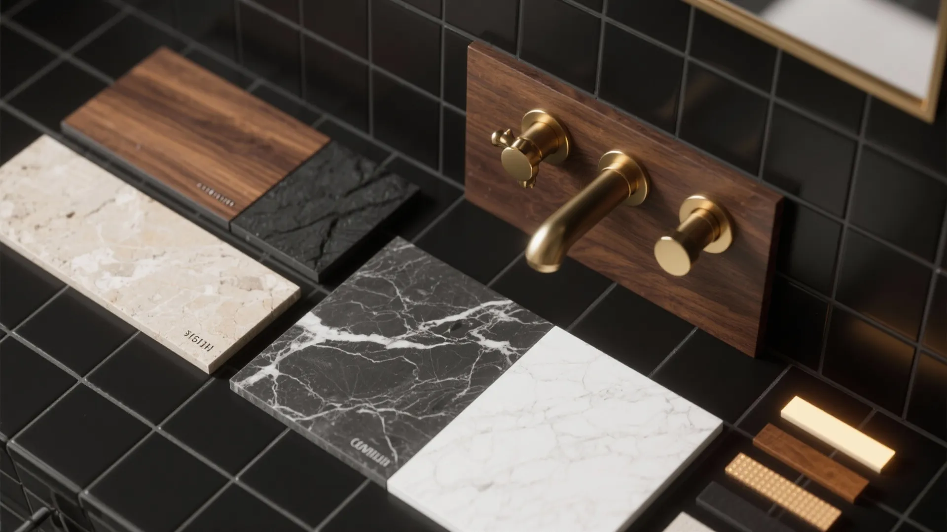 Interior design material samples of wood and marble near a gold faucet on black tiles