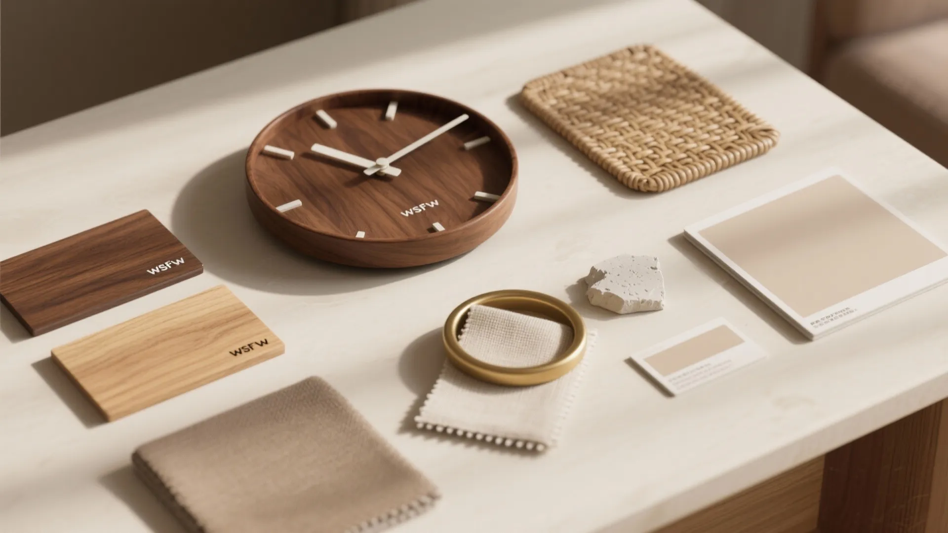 Warm wood and brass finishes