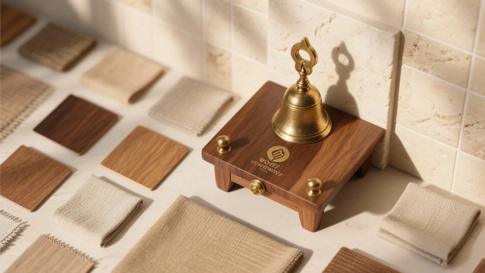 Flat lay of warm wood veneer, brushed brass hardware, soft beige stone, and neutral fabric swatches for a pooja stand.