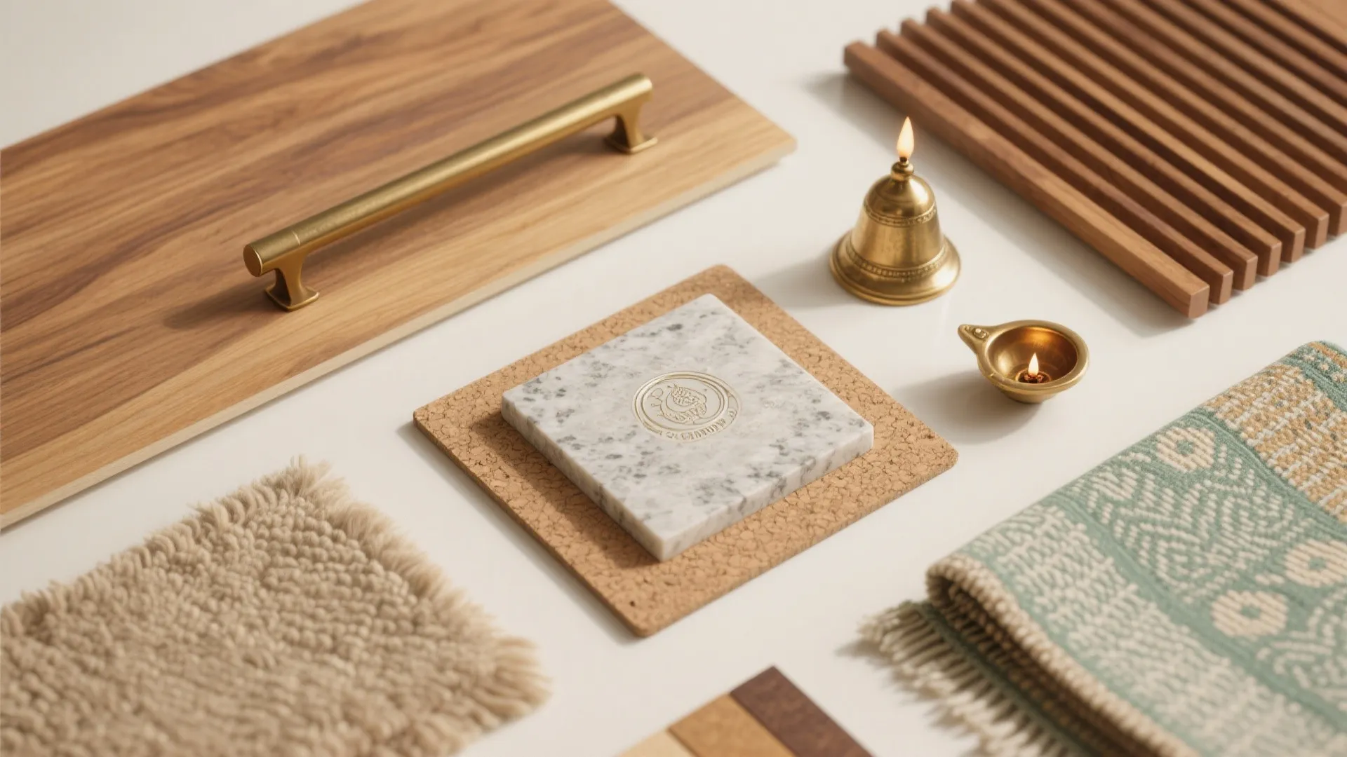 Warm wood and brass palette with acoustic softness