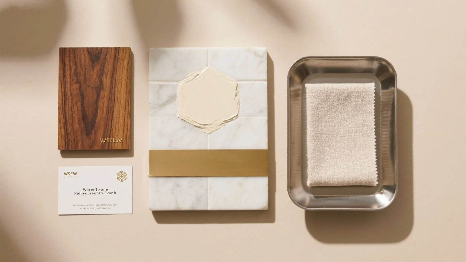 Flat lay of interior design materials including wood sample marble tile gold metal and fabric