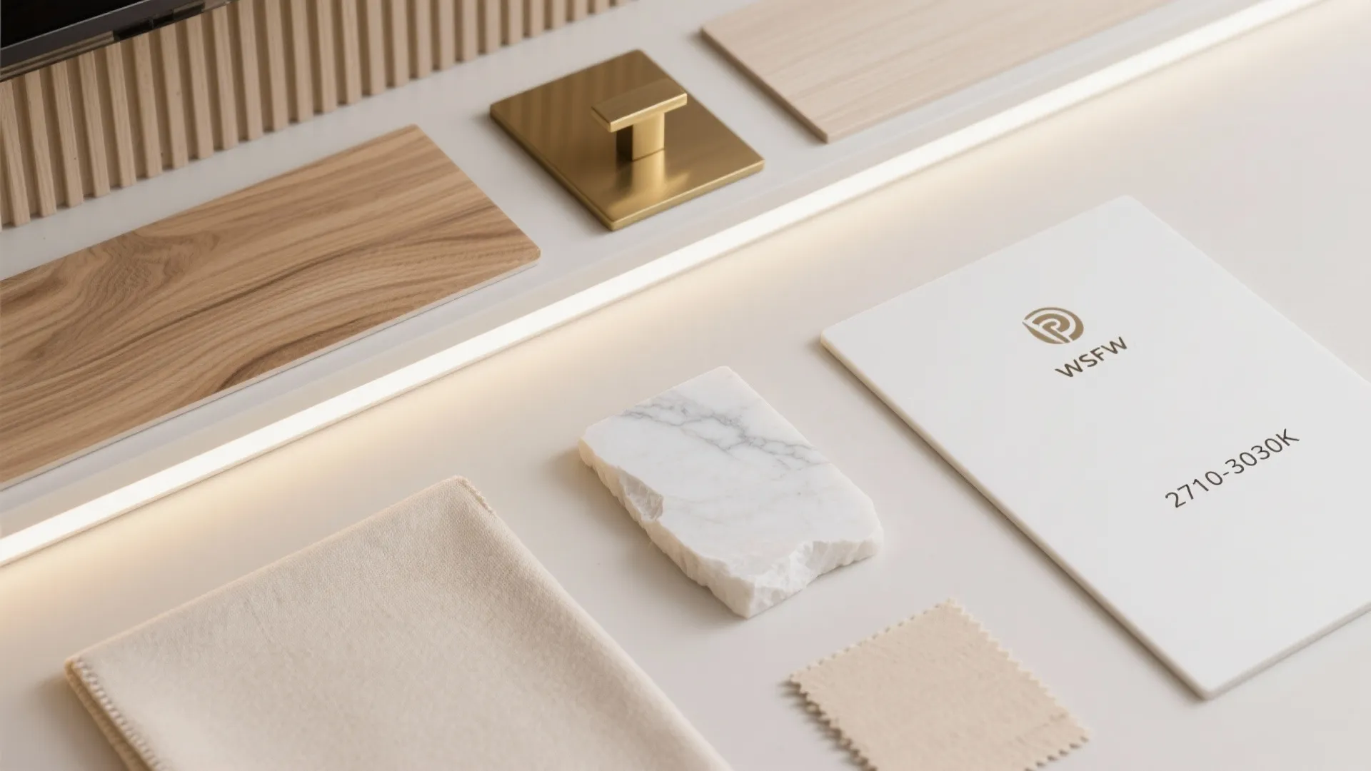 Calm material palette: wood, brass, and soft lighting