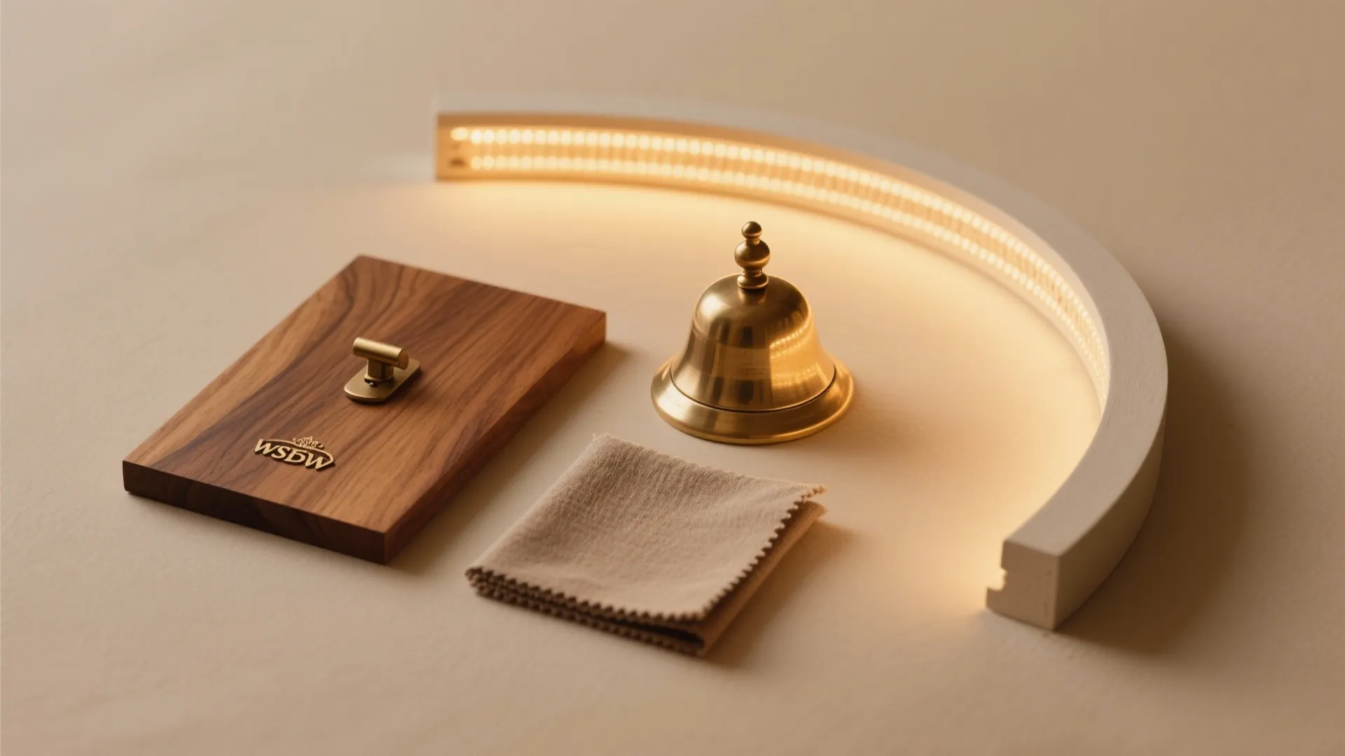 Wooden light switch plate brass bell small cloth and curved led light strip on surface