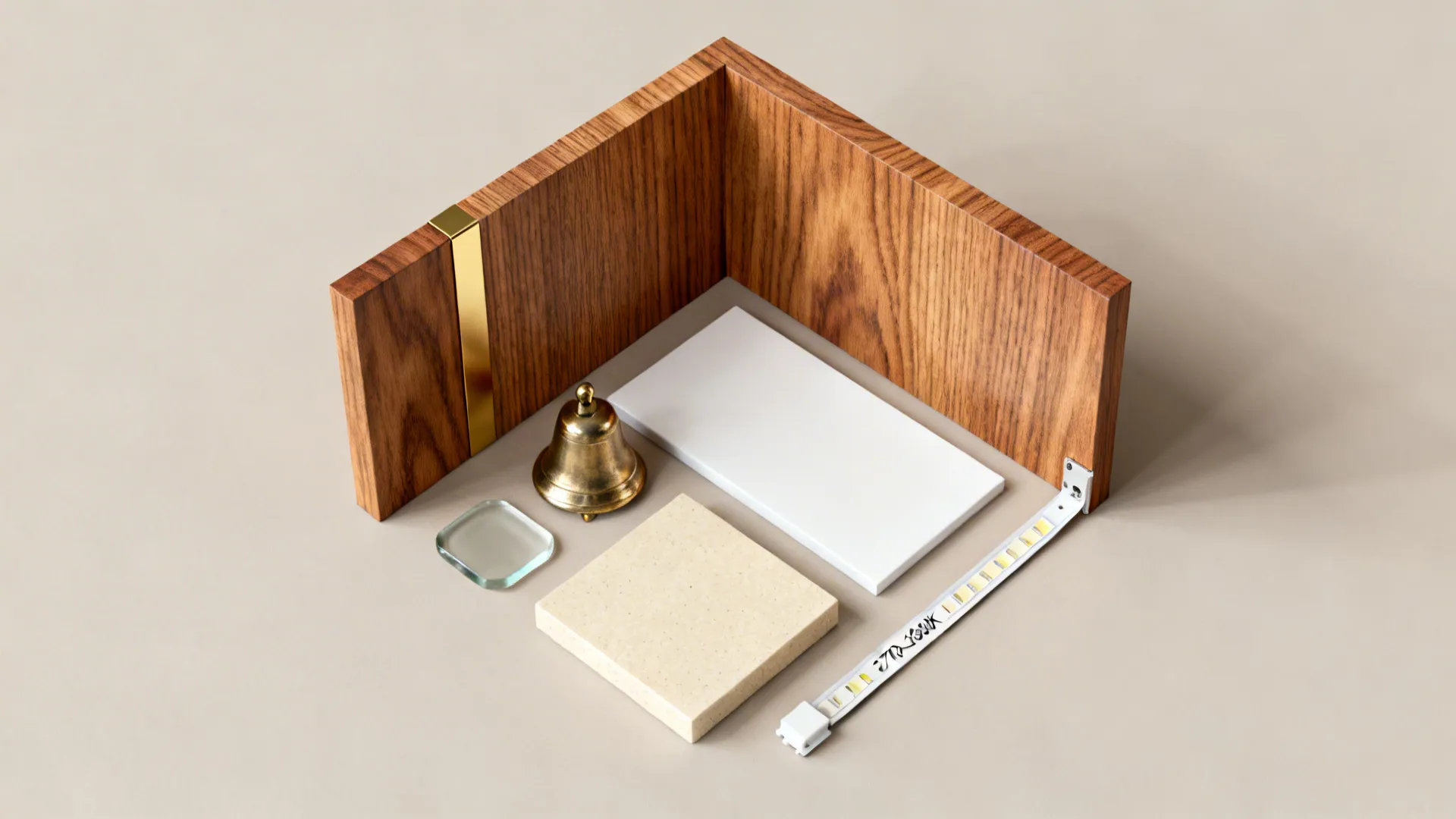 Flat lay of teak veneer, brushed brass, satin glass, matte white, and light quartz for a corner shrine.
