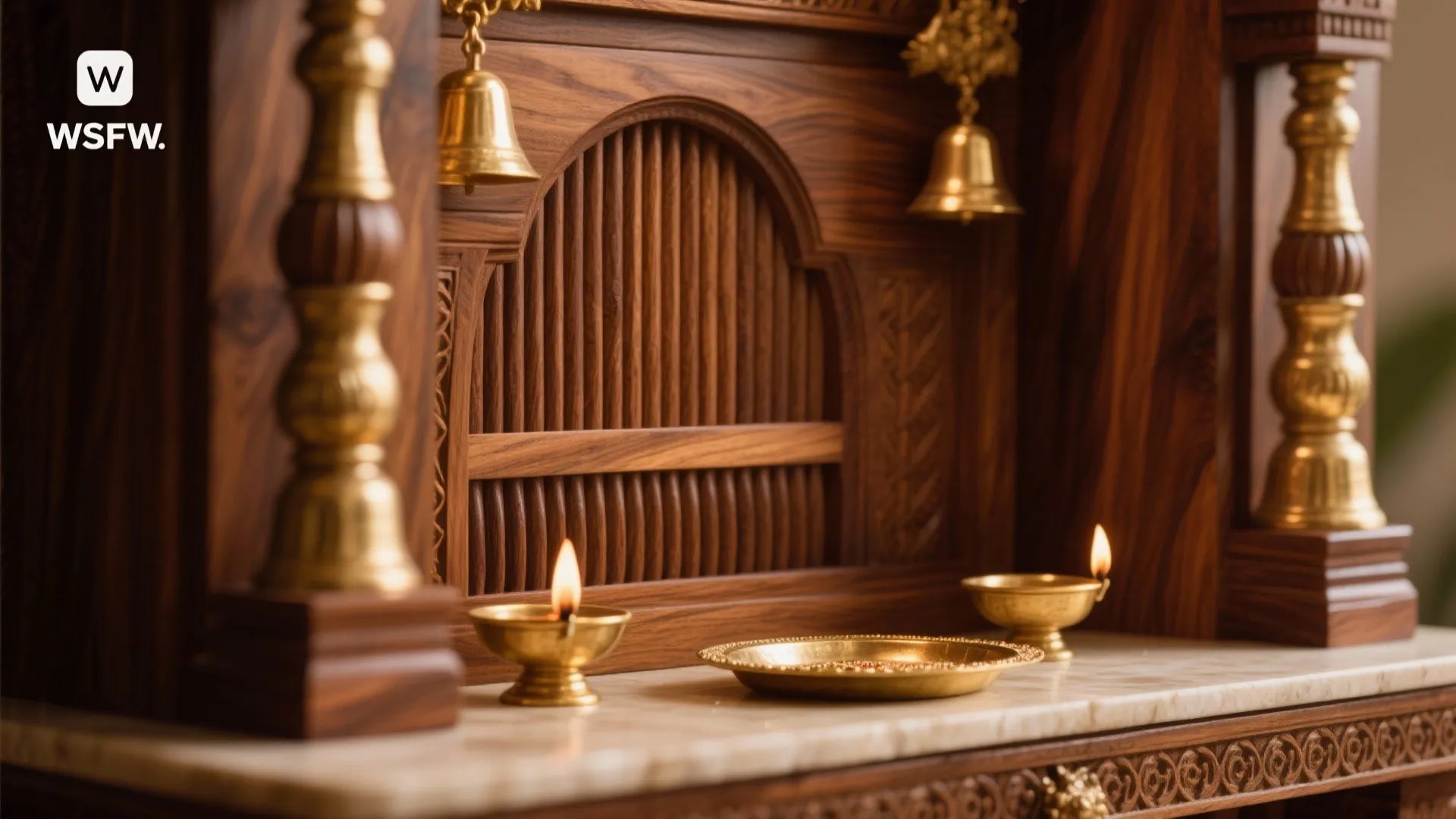 Warm wood-and-brass mandir with acoustic fluted back