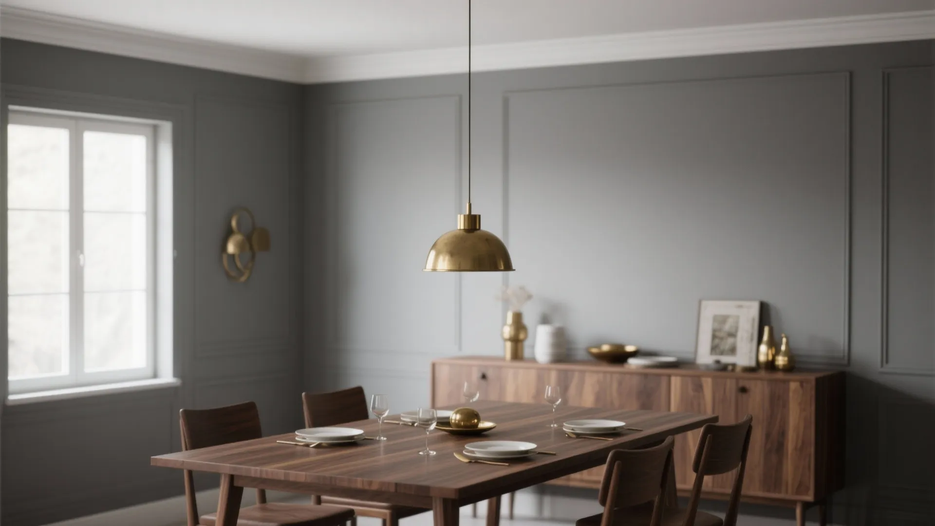 Gray dining room with warm wood table and brass pendant creating a cozy, elegant look.