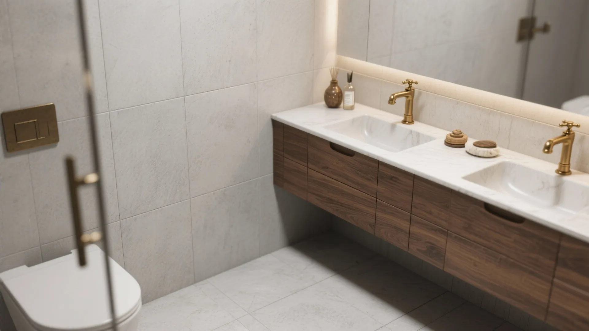 2. Pair warm woods and brass with cool light gray