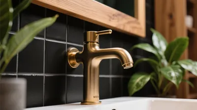 Modern Bathroom Design with Brass Faucet & Black Tiles