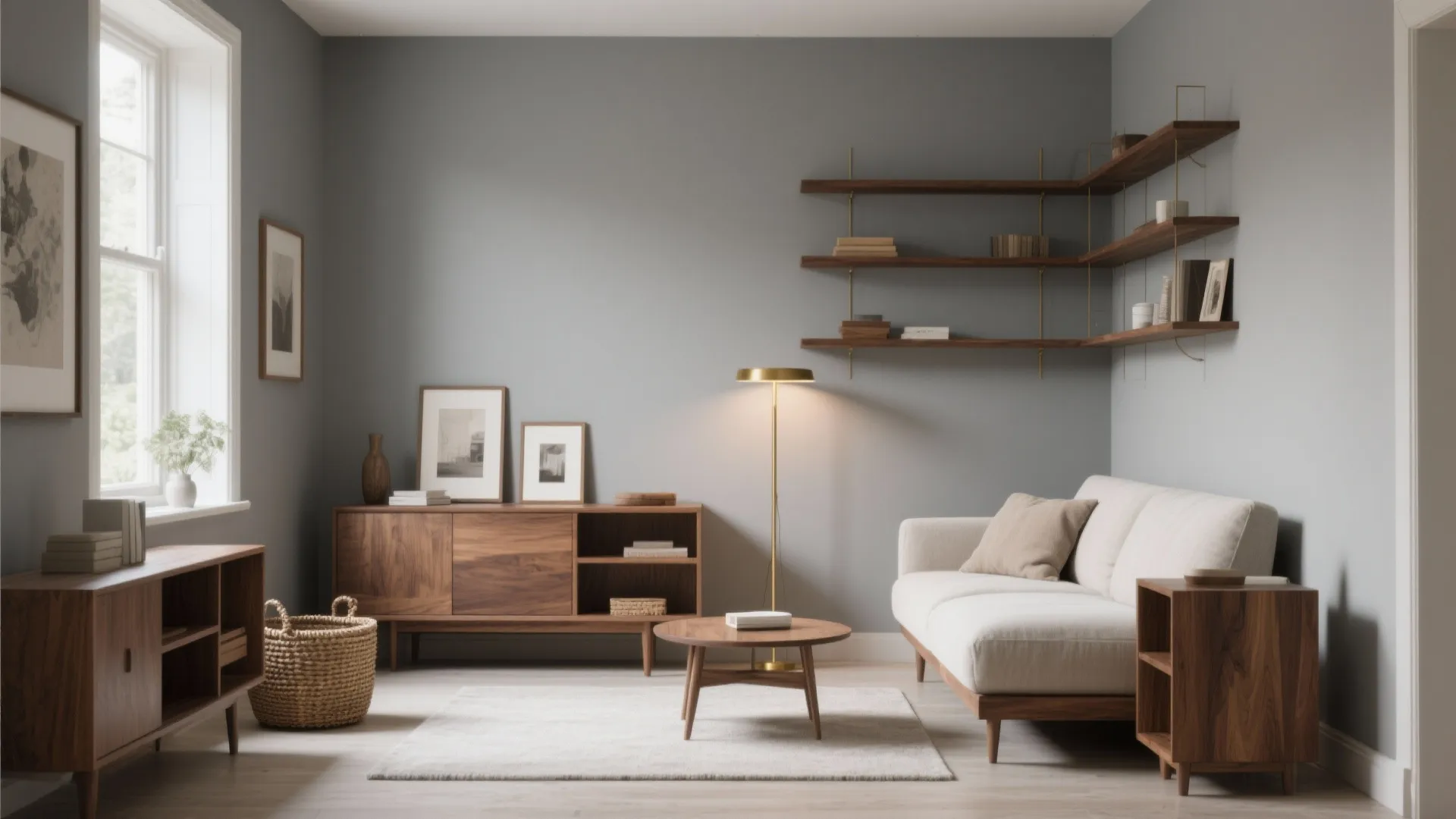 Minimalist living room with grey walls white sofa wooden cabinet corner wall shelves and lamp