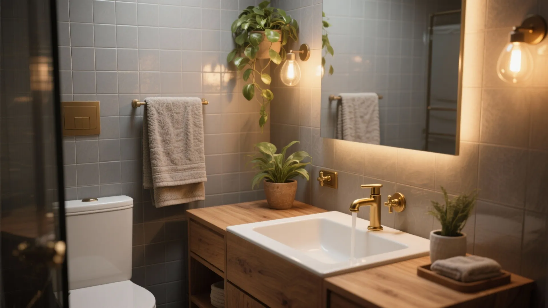 Modern bathroom with wooden cabinet white sink gold faucet grey wall tiles and green plants