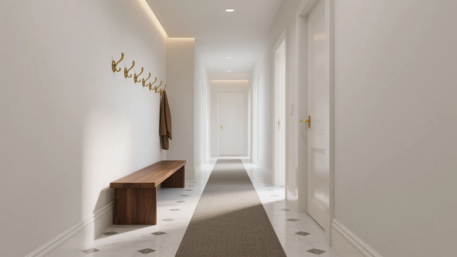 Bright hallway with wooden bench brass wall hooks grey runner rug and white doors design