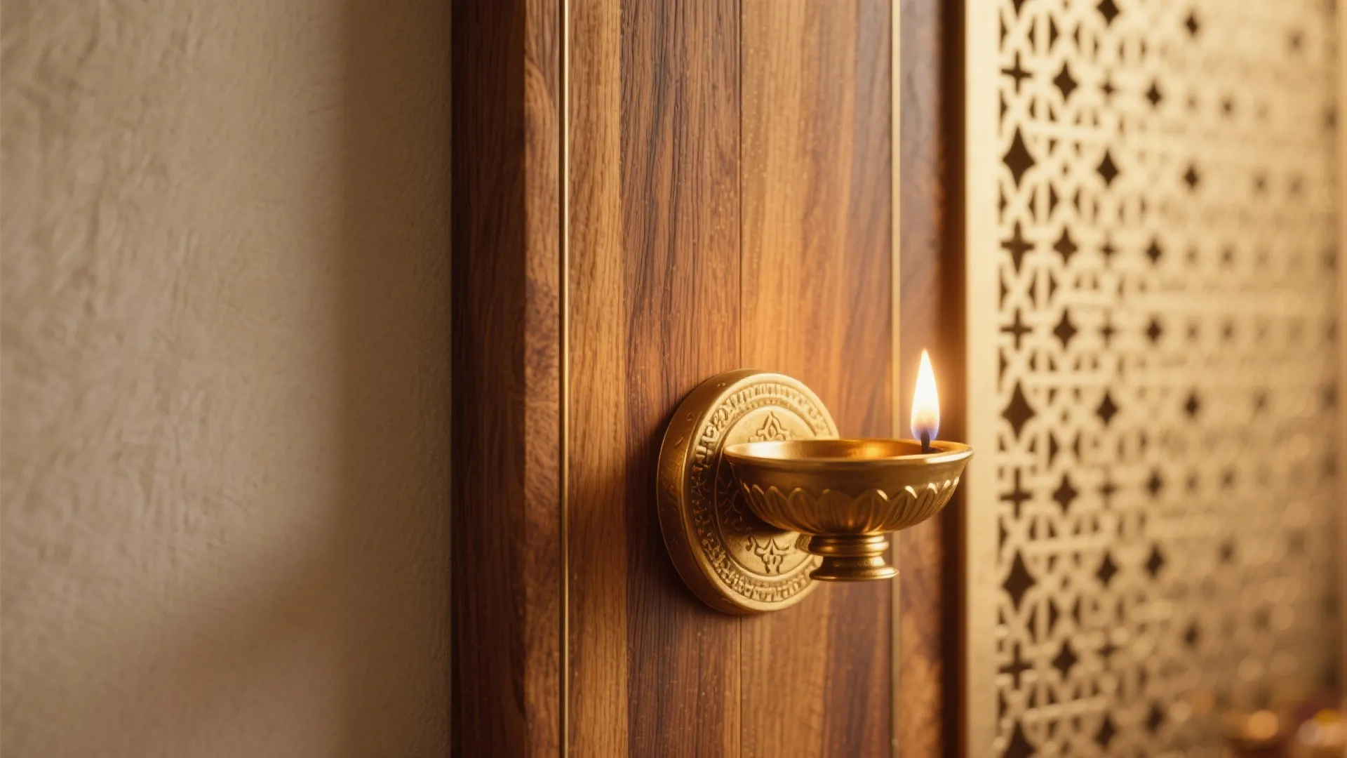 Warm Wood, Brass Details, and Subtle Jali