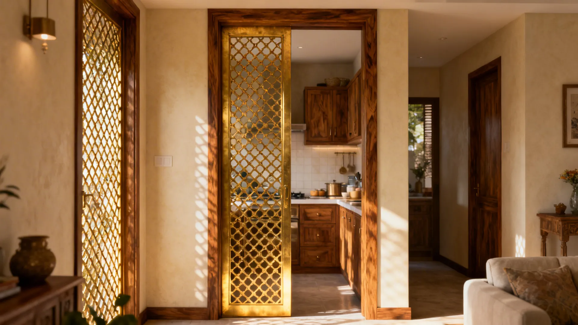 Teak frame jali door with brass lattice adds warmth between kitchen and living room.