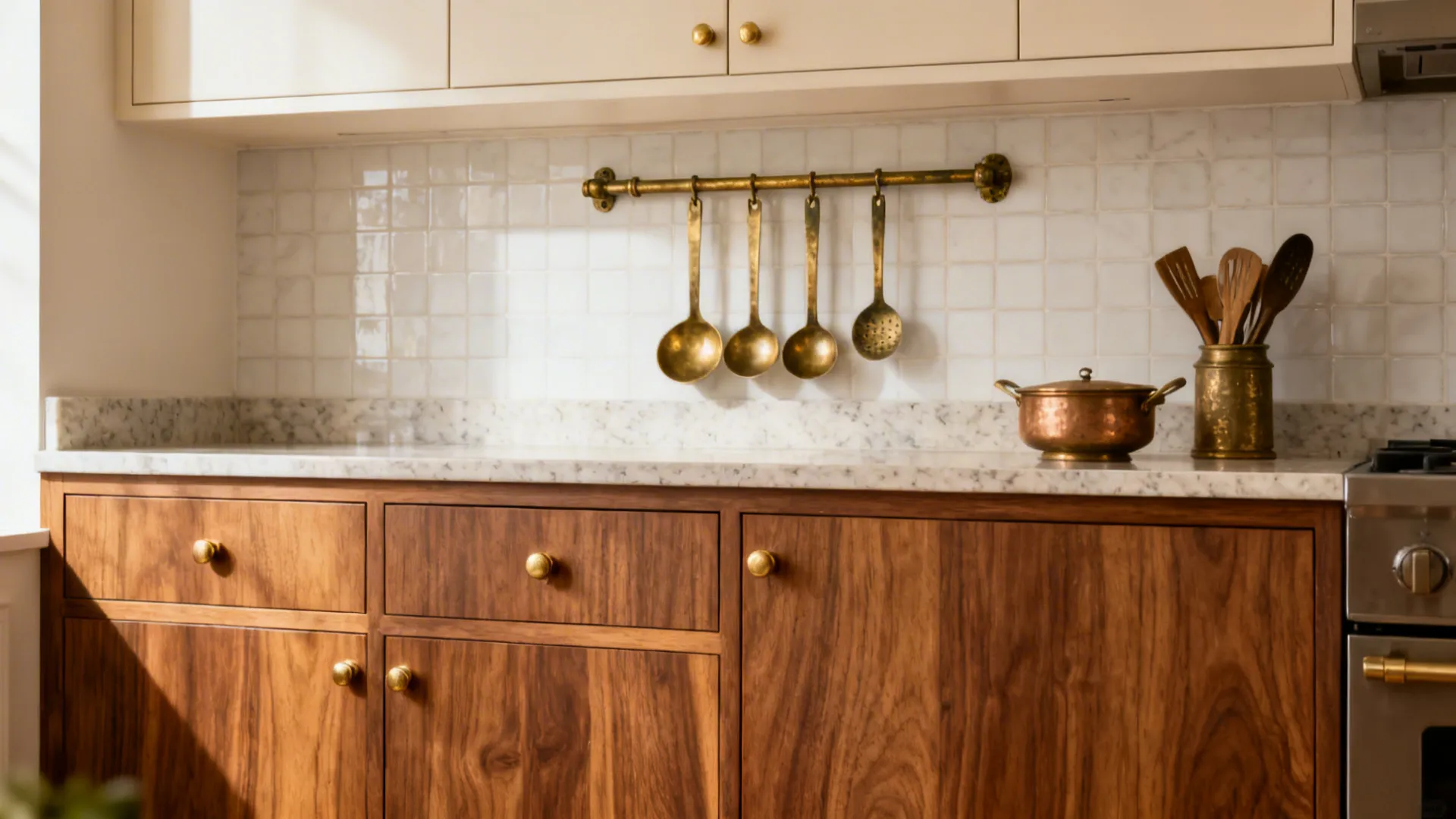 Teak veneer base cabinets with brass hardware and a patinated brass rail in a Kerala kitchen.