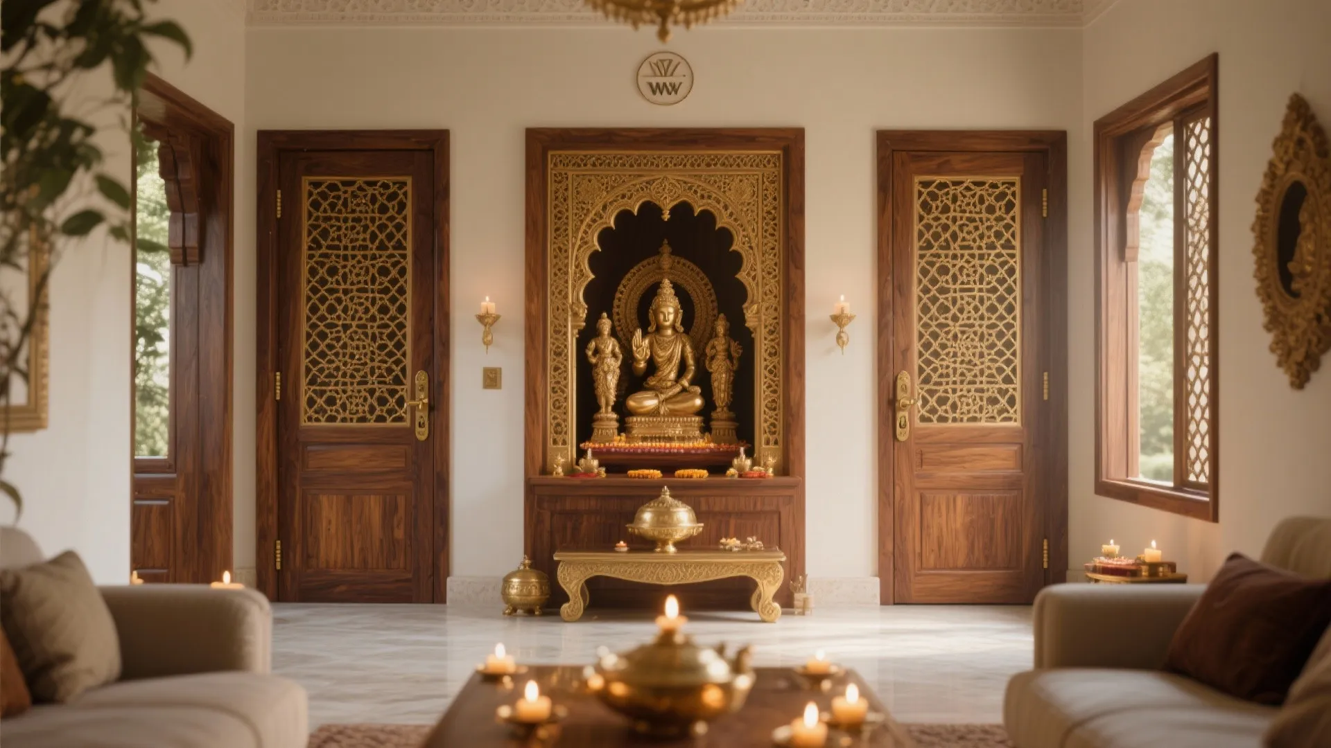 Traditional solid wood doors with brass lattice inserts