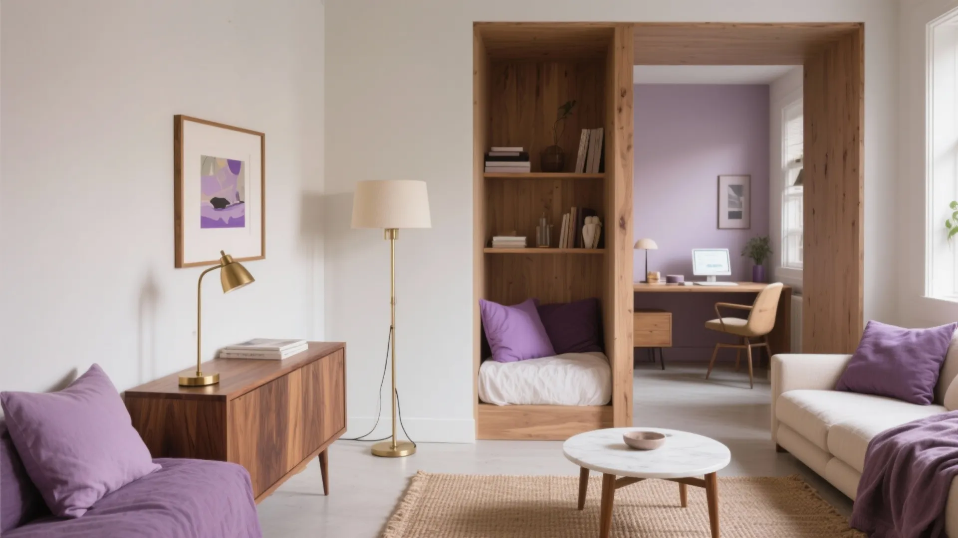 Modern living room with purple sofa wooden cabinet marble coffee table and office desk area design