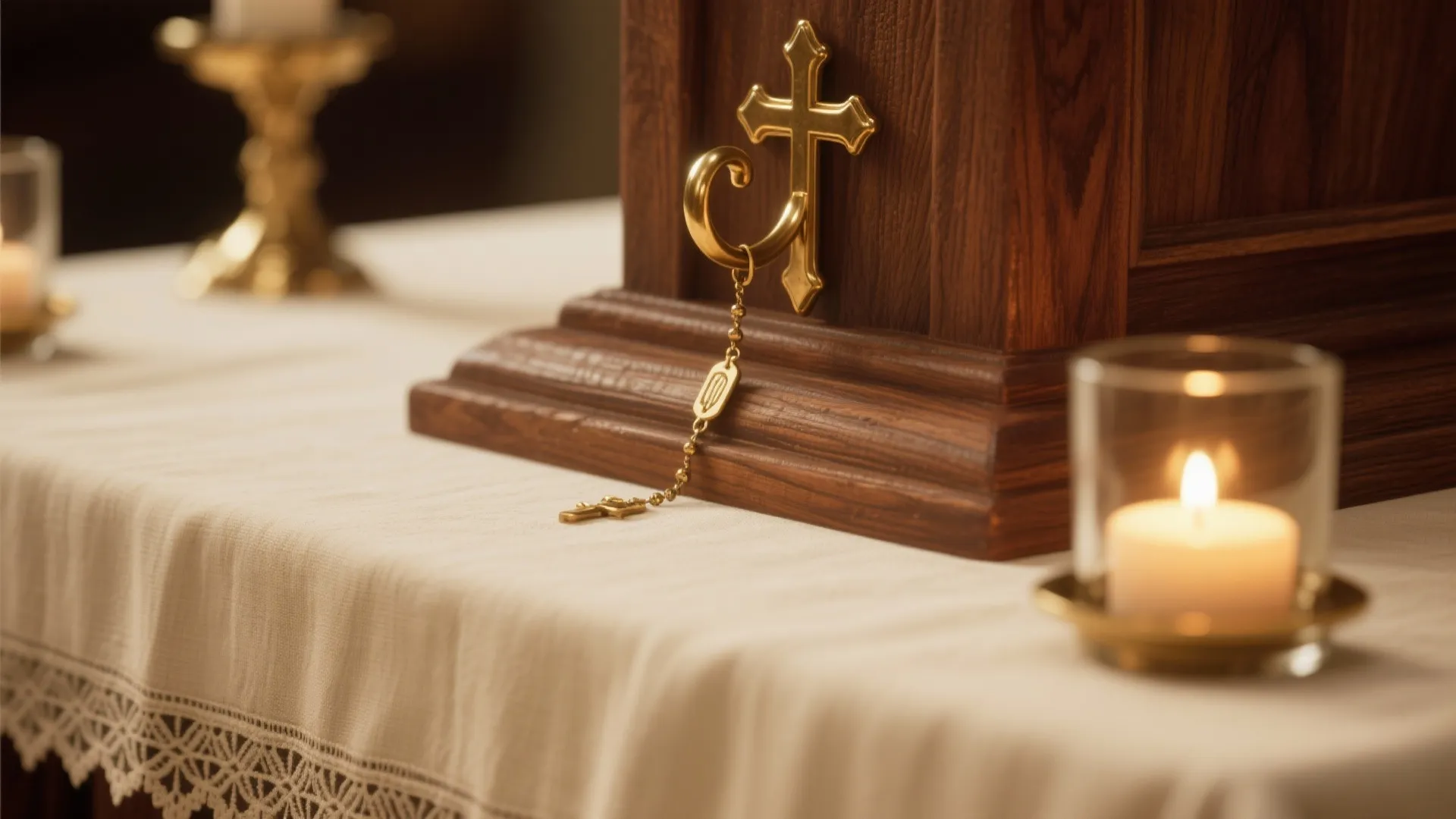 Wooden cabinet detail with gold cross hanging chain beside burning candle on white lace tablecloth