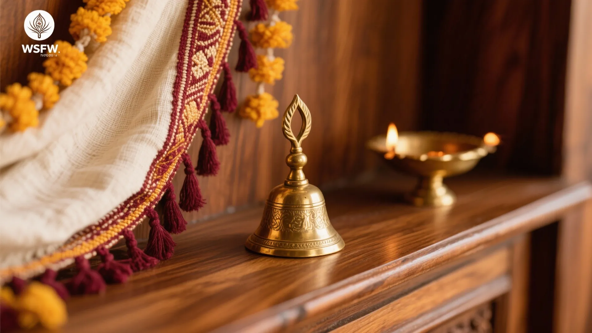 Warm Wood, Brass, and Textiles for a Sacred Feel