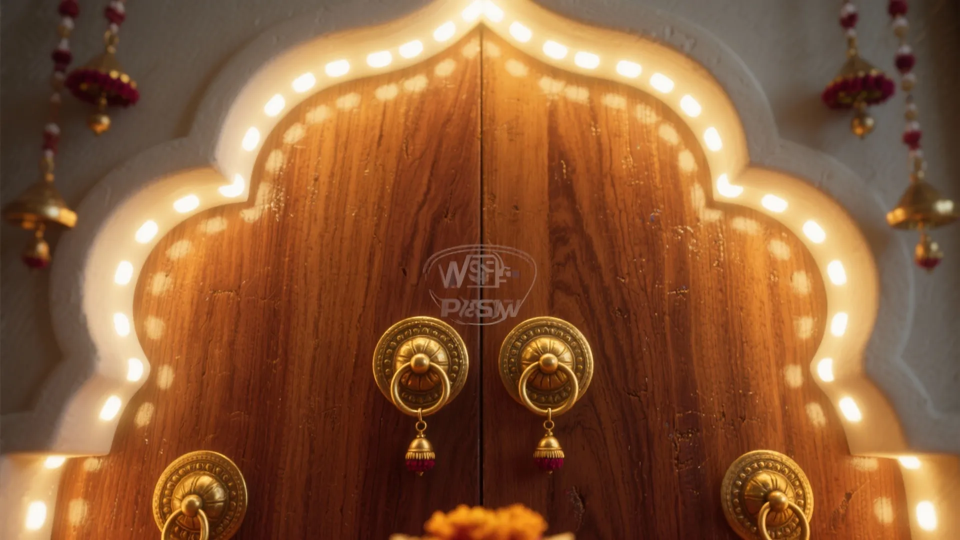 Close up of wooden door with gold handles and warm lights in a curved arch