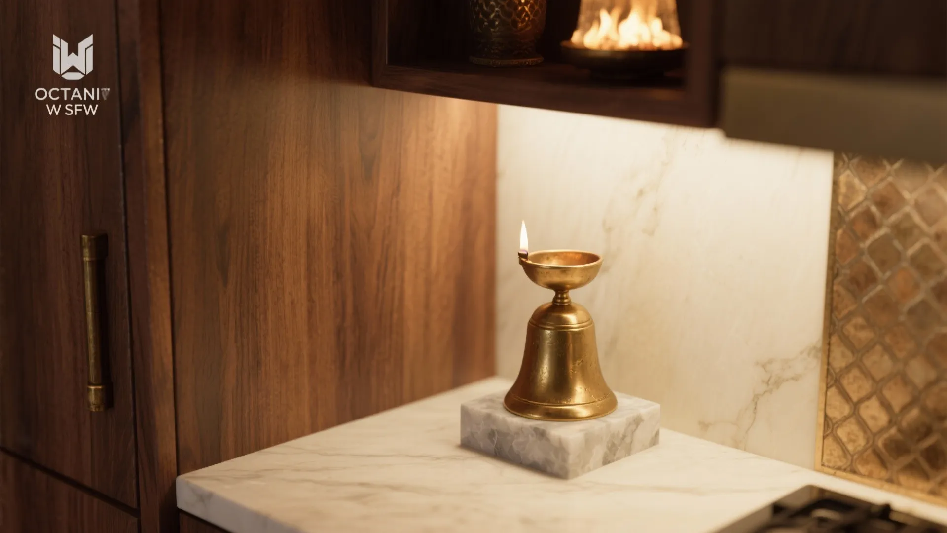 Brass oil lamp on marble base in kitchen with wood cabinets and warm light fixture