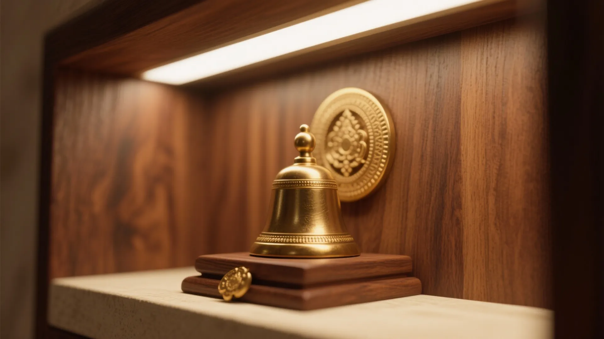 Close up of a small brass bell on wood shelf with warm built in light fixture