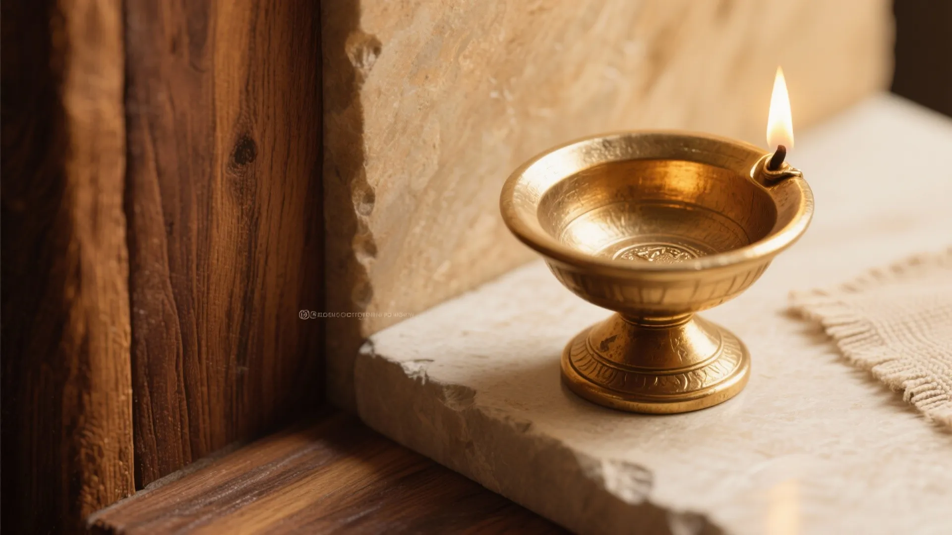 Macro of warm teak grain and brushed brass accents, evoking a timeless pooja chowk design palette.