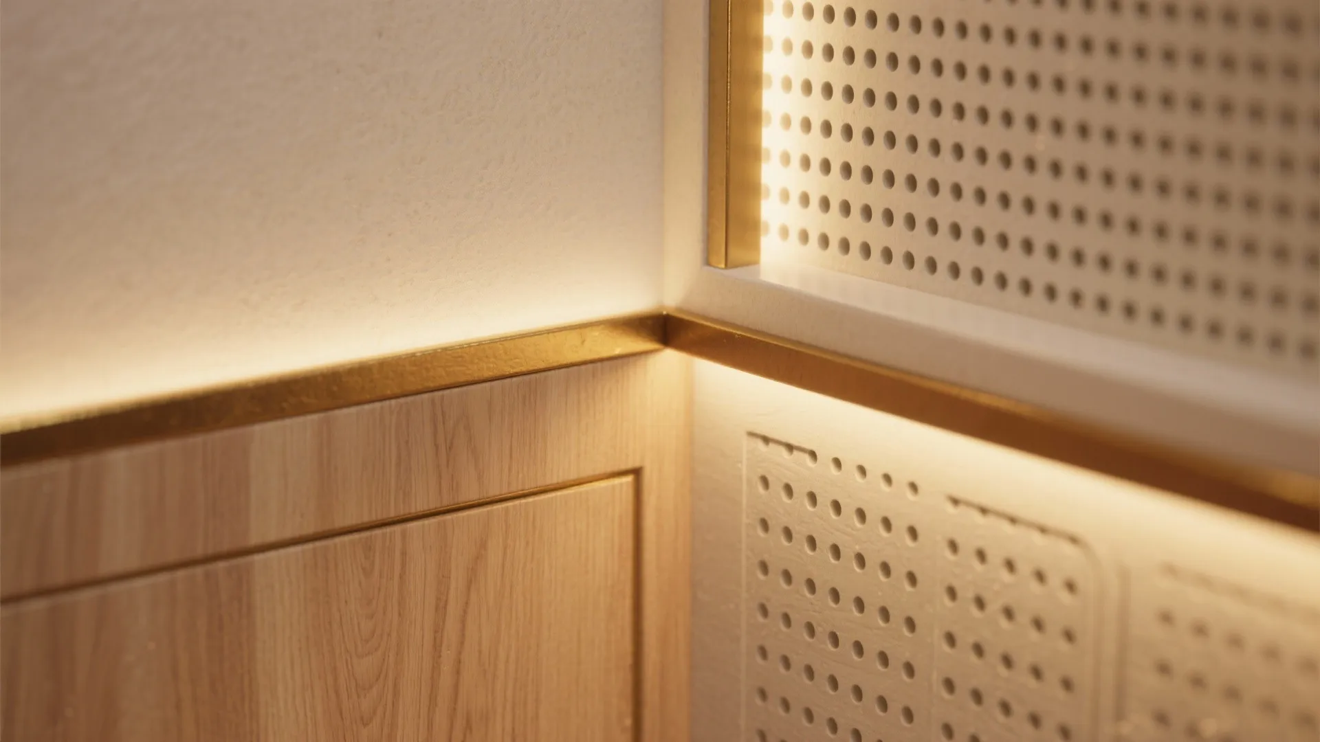 Close up view of wood wall panel with gold metal trim and warm hidden light fixture