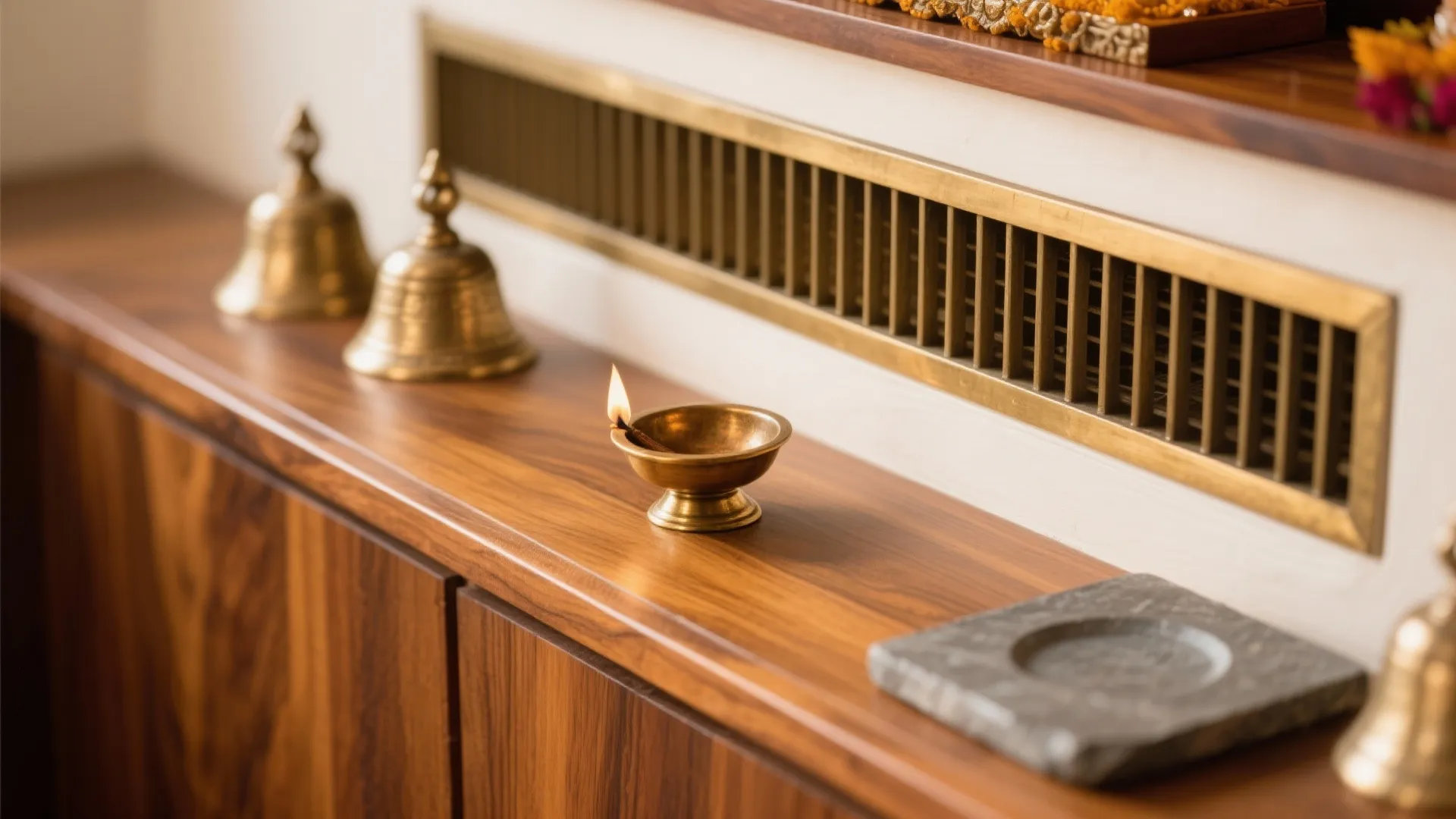 Close up of small brass oil lamp and bells on a polished wooden cabinet top surface