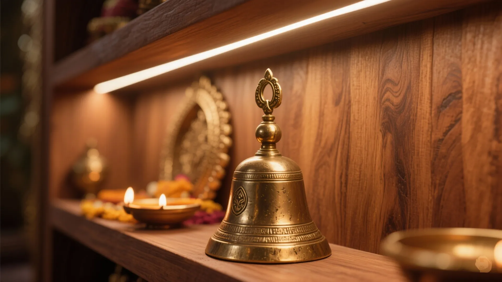 Warm wood and brass, layered lighting