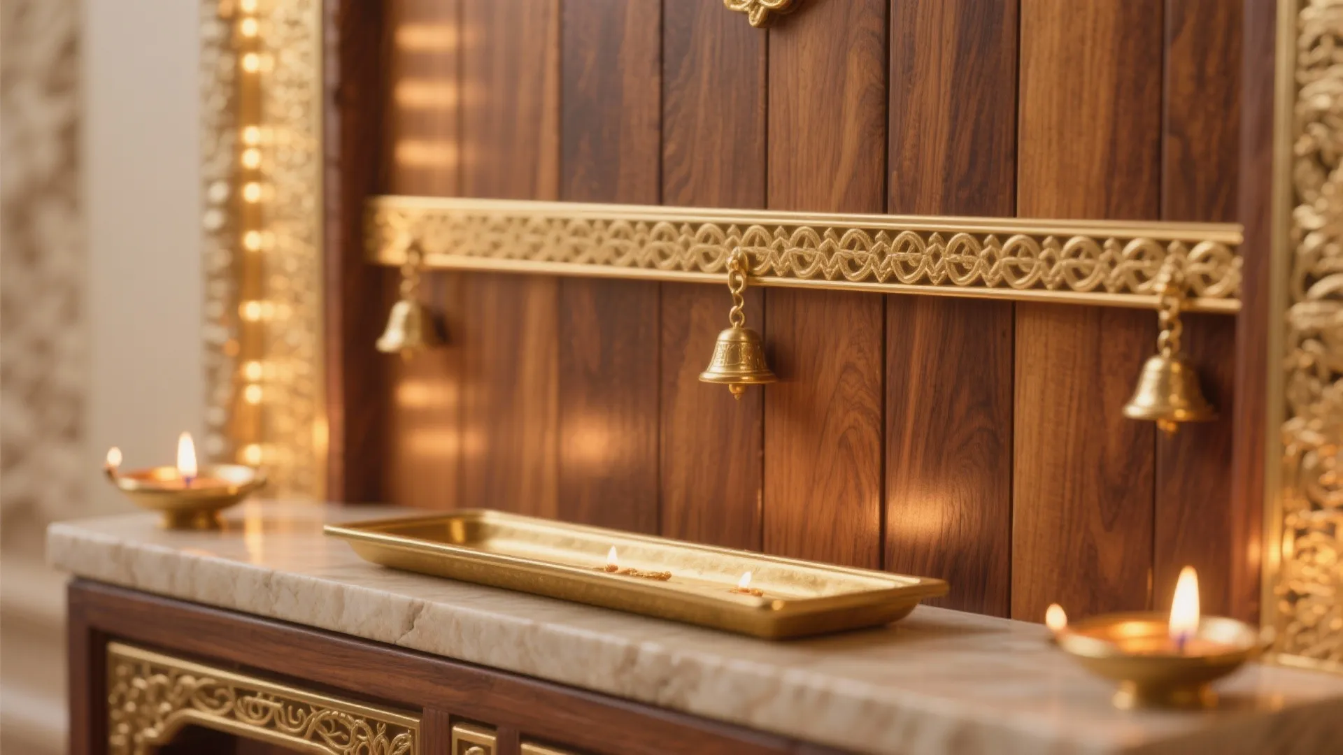 Warm wood tones with brass accents