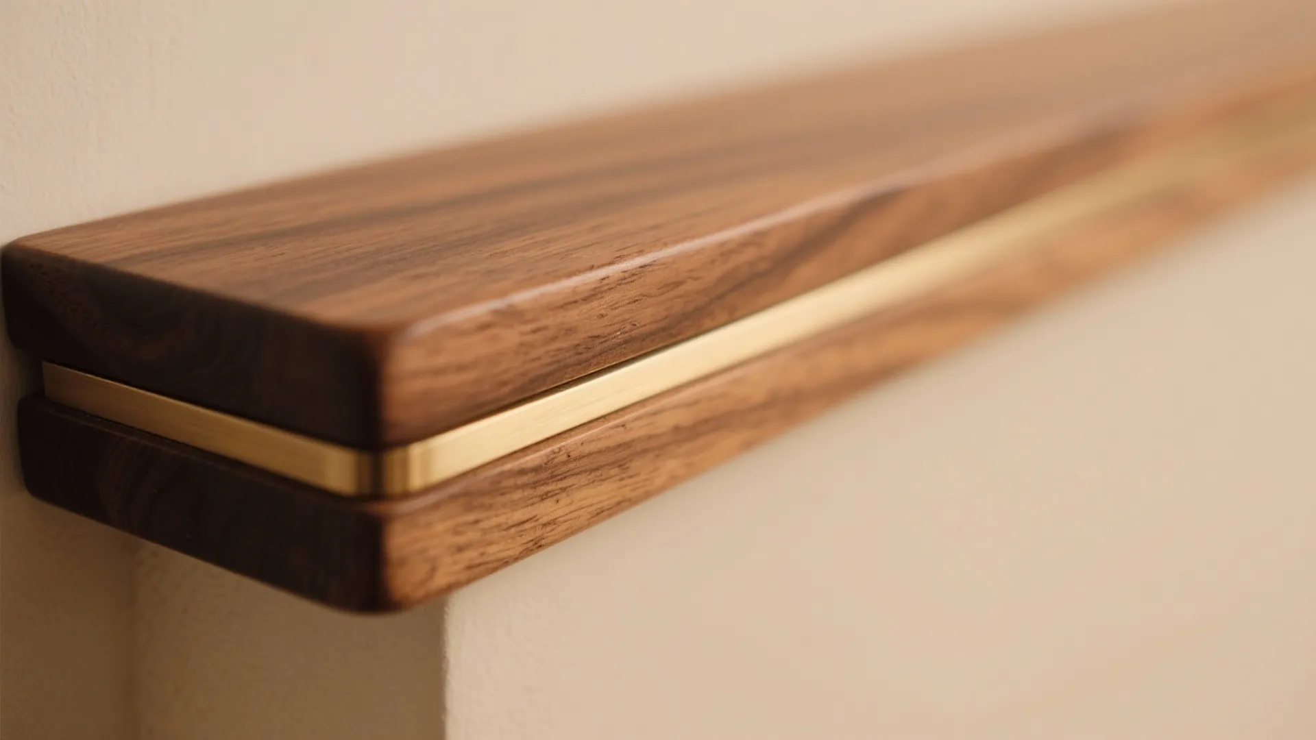 Close up of a dark wooden wall shelf featuring a thin gold metal line detail