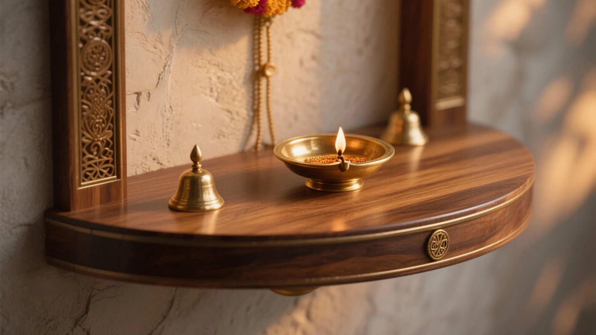 Small brass oil lamp with burning flame sitting on a curved wooden wall shelf surface