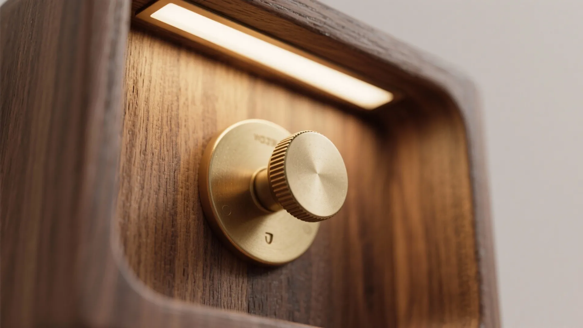 Close up of gold metal knob on dark wood surface with small light fixture above