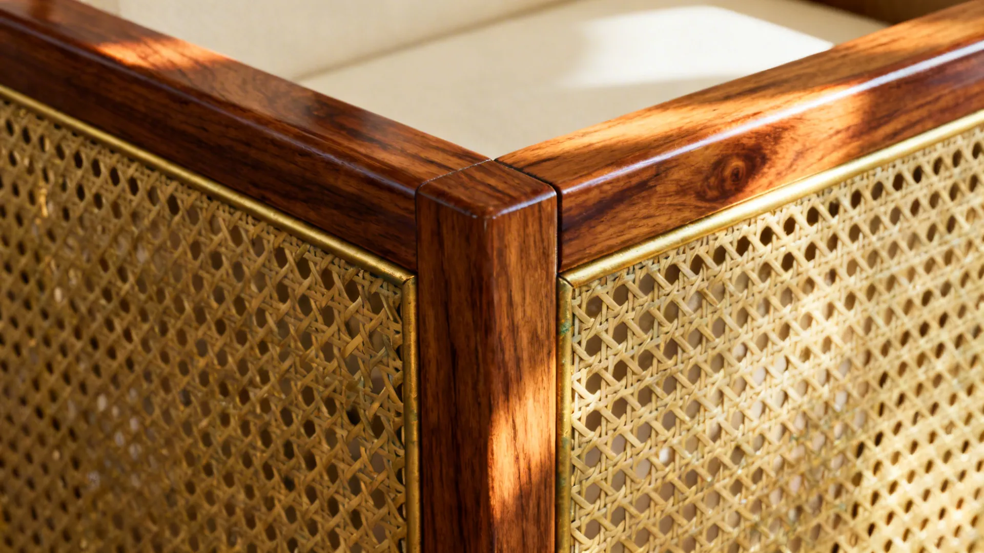 Macro of teak frame and brass lattice showing grain, varnish, and patina.