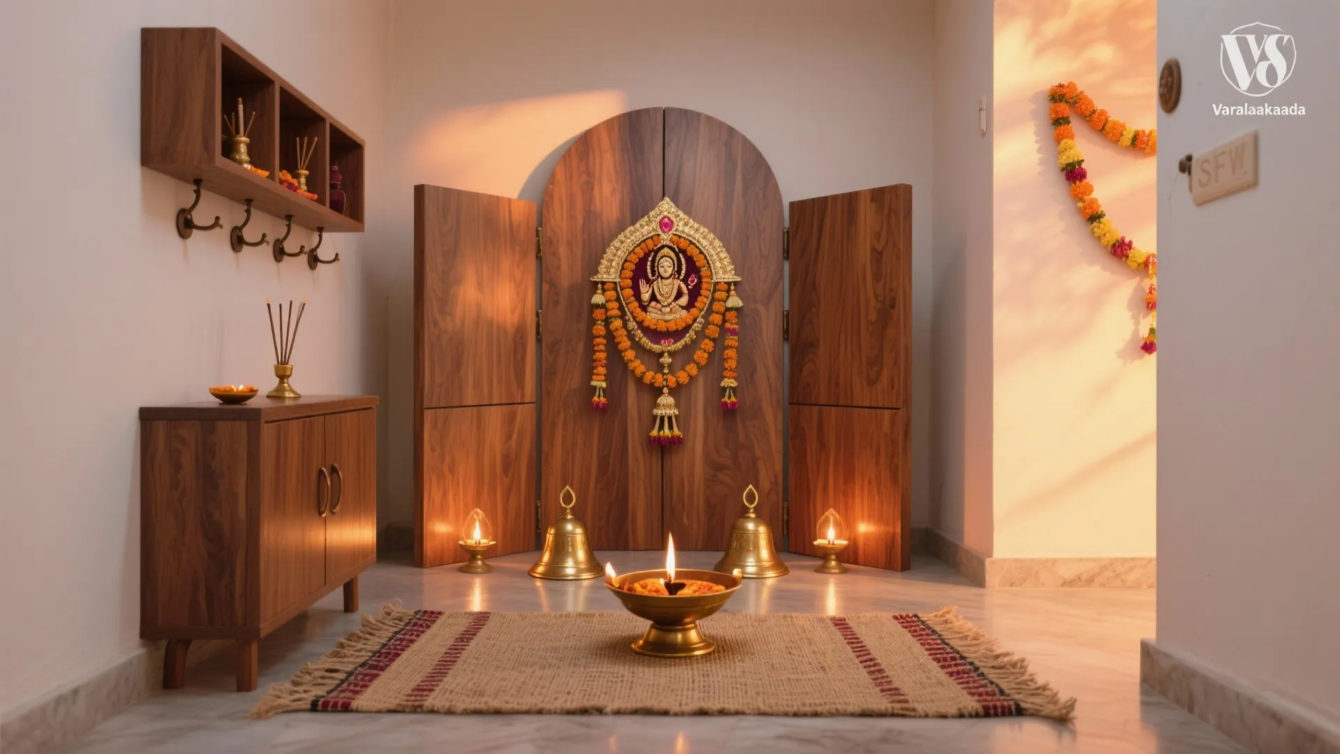 Natural wood mandap with brass accents