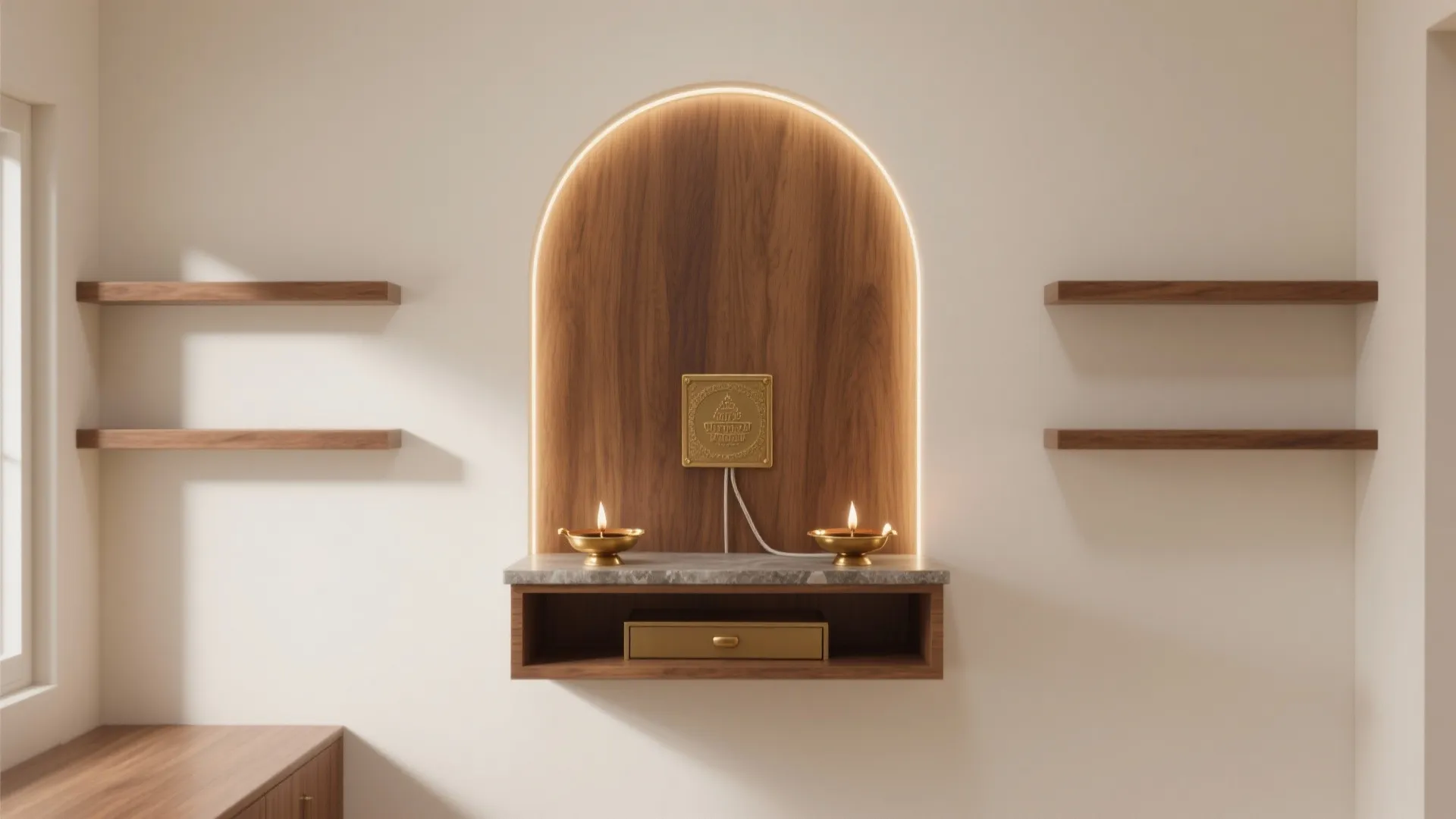 Warm Wood + Brass Mandir Wall