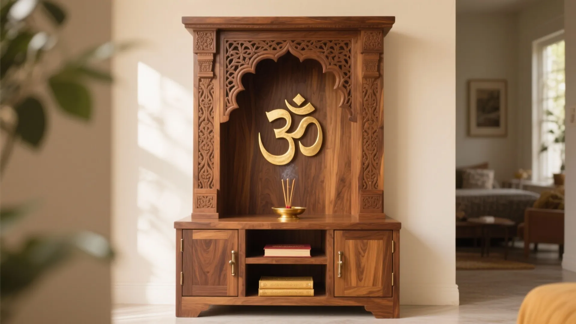 Carved Wood Mandir with Brass Om Inlay