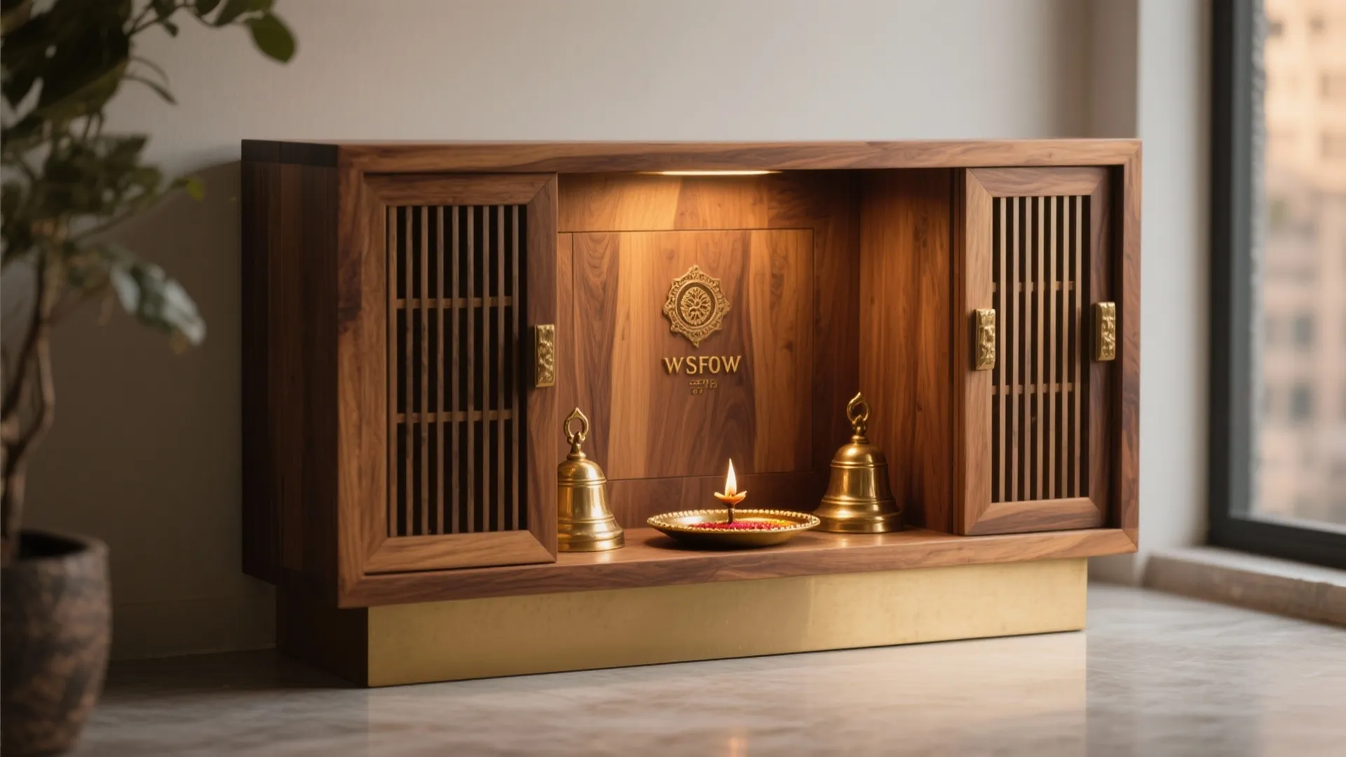 Warm wood tones with brass accents