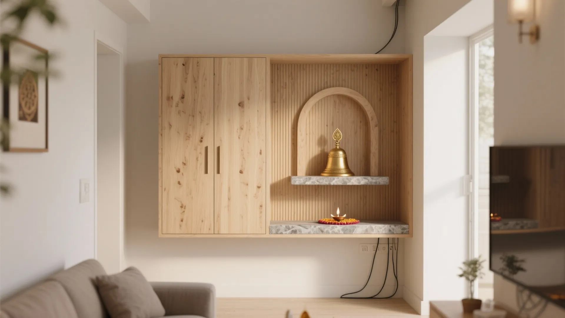 Minimal wood-and-brass wall-mounted pooja niche with fluted backdrop in a small flat.